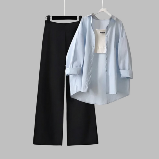 Sky Button Down Shirt & Black Flapper