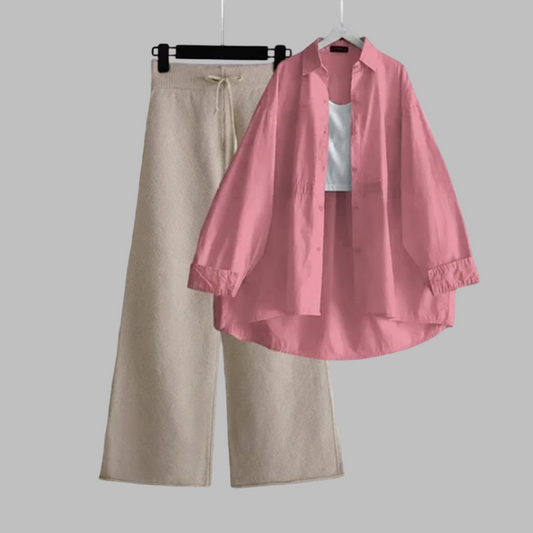 Pink Button Down Shirt & Beige Flapper