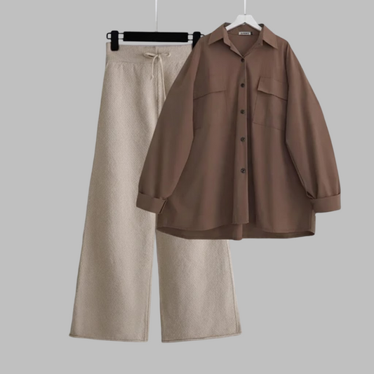 Brown Button Down Shirt & Beige Flapper