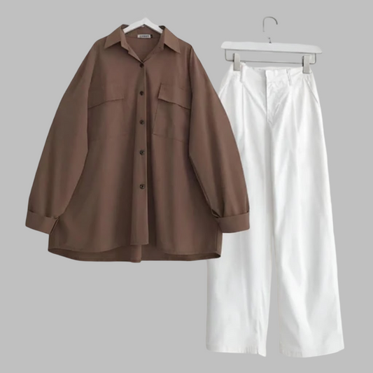 Brown Button Down Shirt With White Jeans