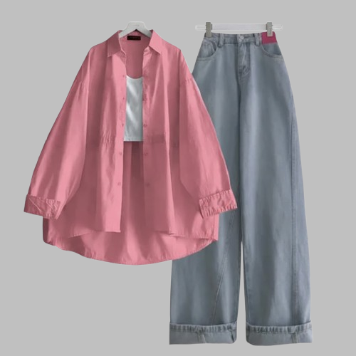 Pink Button Down Shirt With Sky Blue Jeans