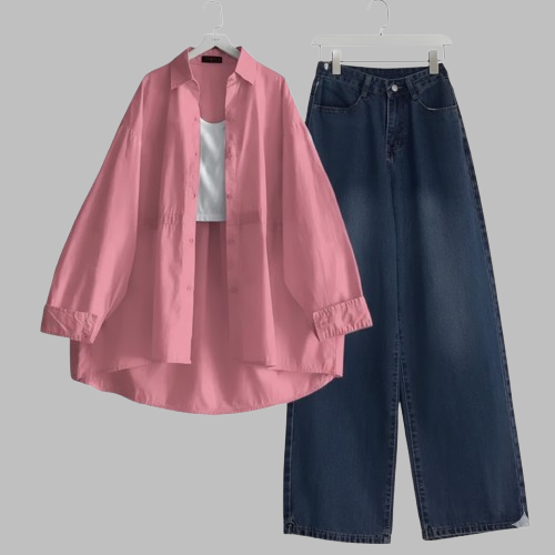Pink Button Down Shirt With Navy Blue Jeans