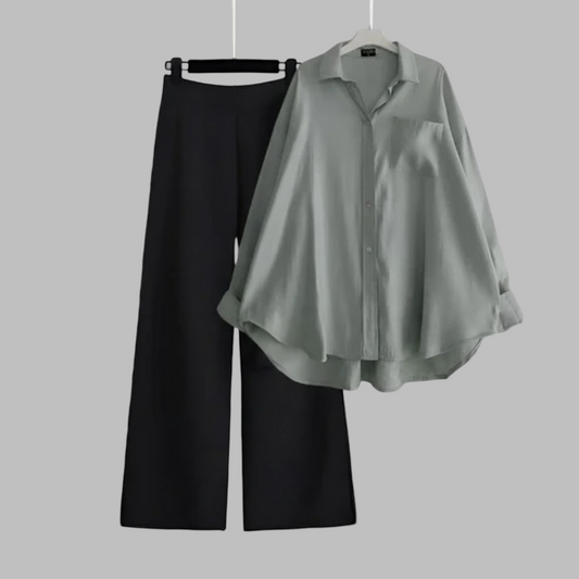 Grey Button Down Shirt & Black Flapper