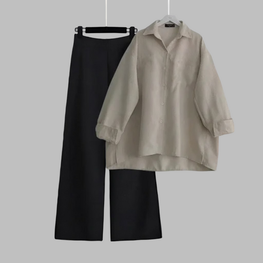 Beige Button Down Shirt & Black Flapper